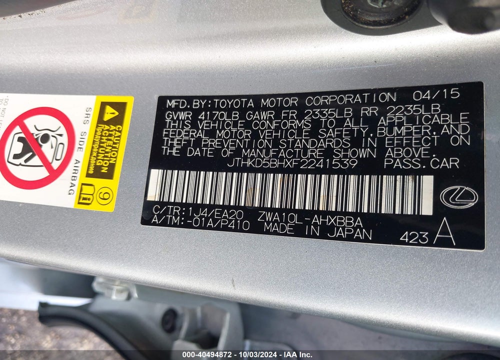 2015 LEXUS CT 200H VIN: JTHKD5BHXF2241539