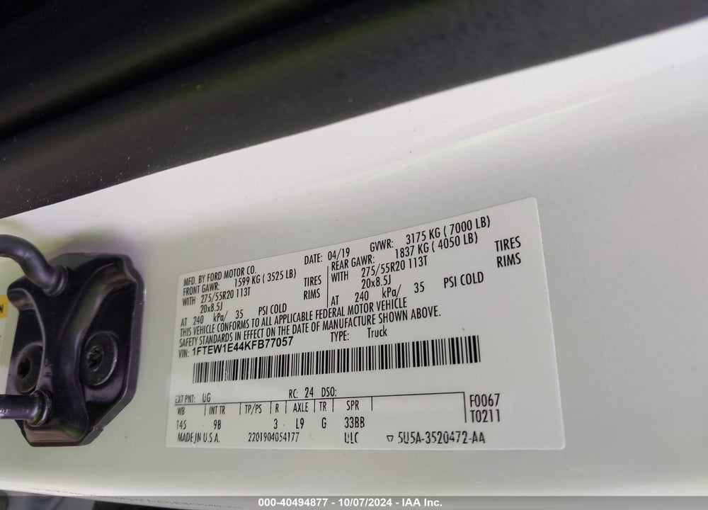 2019 FORD F-150 PLATINUM VIN: 1FTEW1E44KFB77057