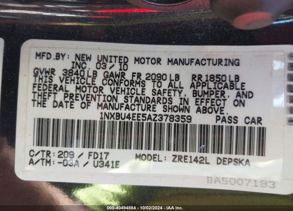 2010 TOYOTA COROLLA S VIN: 1NXBU4EE5AZ378359
