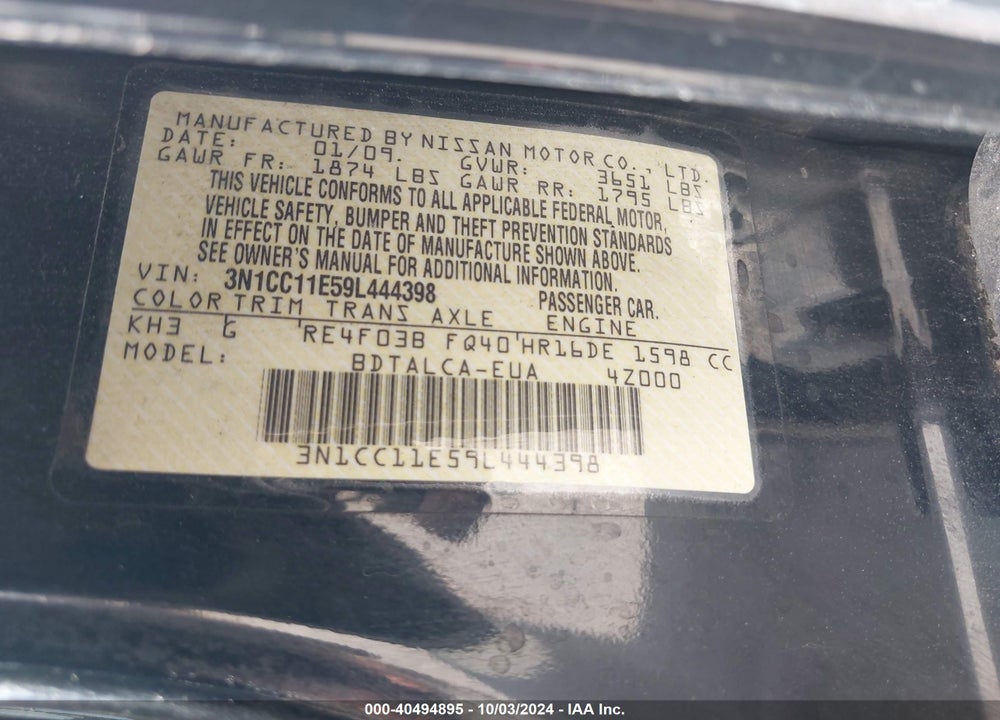 2009 NISSAN VERSA 1.6 VIN: 3N1CC11E59L444398
