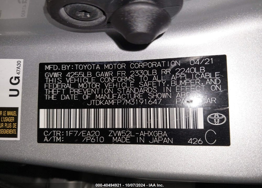 2021 TOYOTA PRIUS PRIME XLE VIN: JTDKAMFP7M3191647