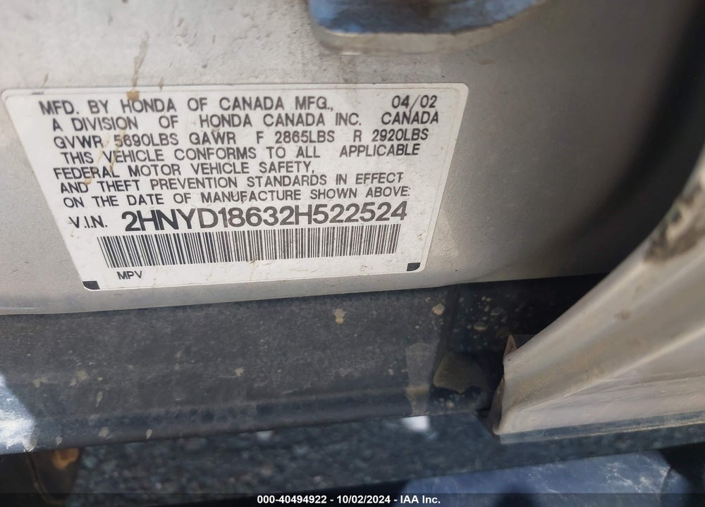 2002 ACURA MDX VIN: 2HNYD18632H522524
