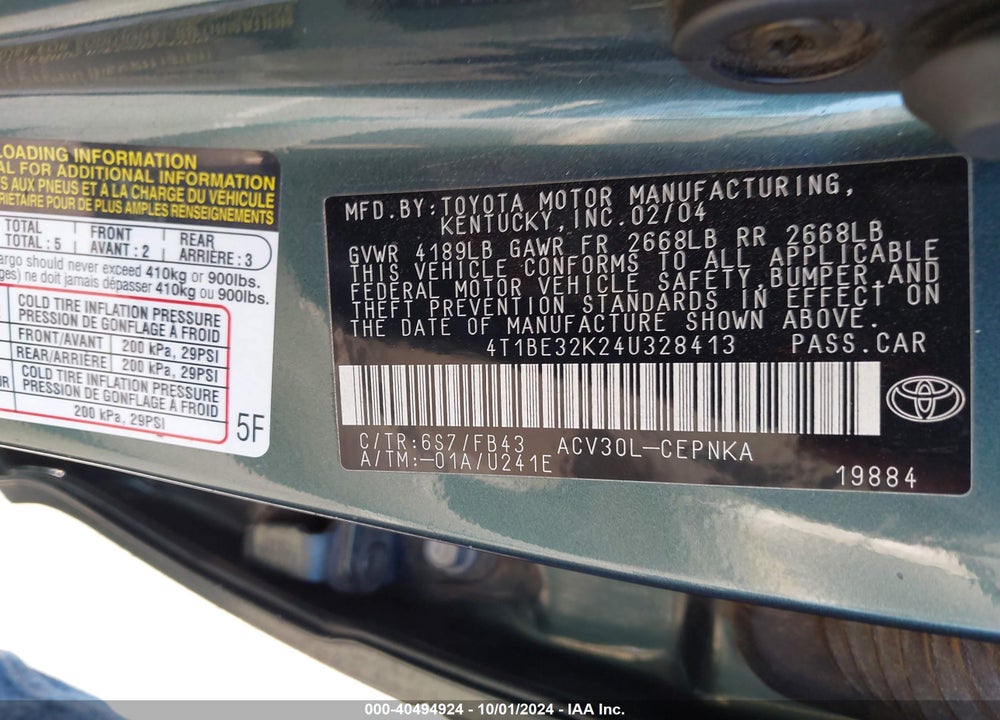 2004 TOYOTA CAMRY LE VIN: 4T1BE32K24U328413