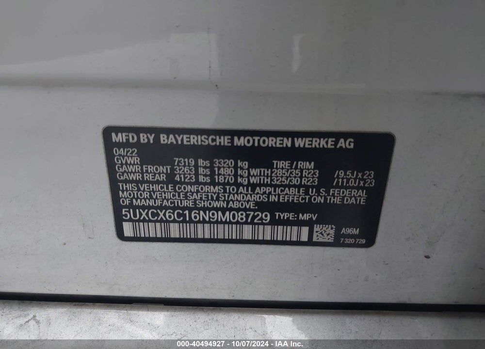 2022 BMW ALPINA XB7 VIN: 5UXCX6C16N9M08729