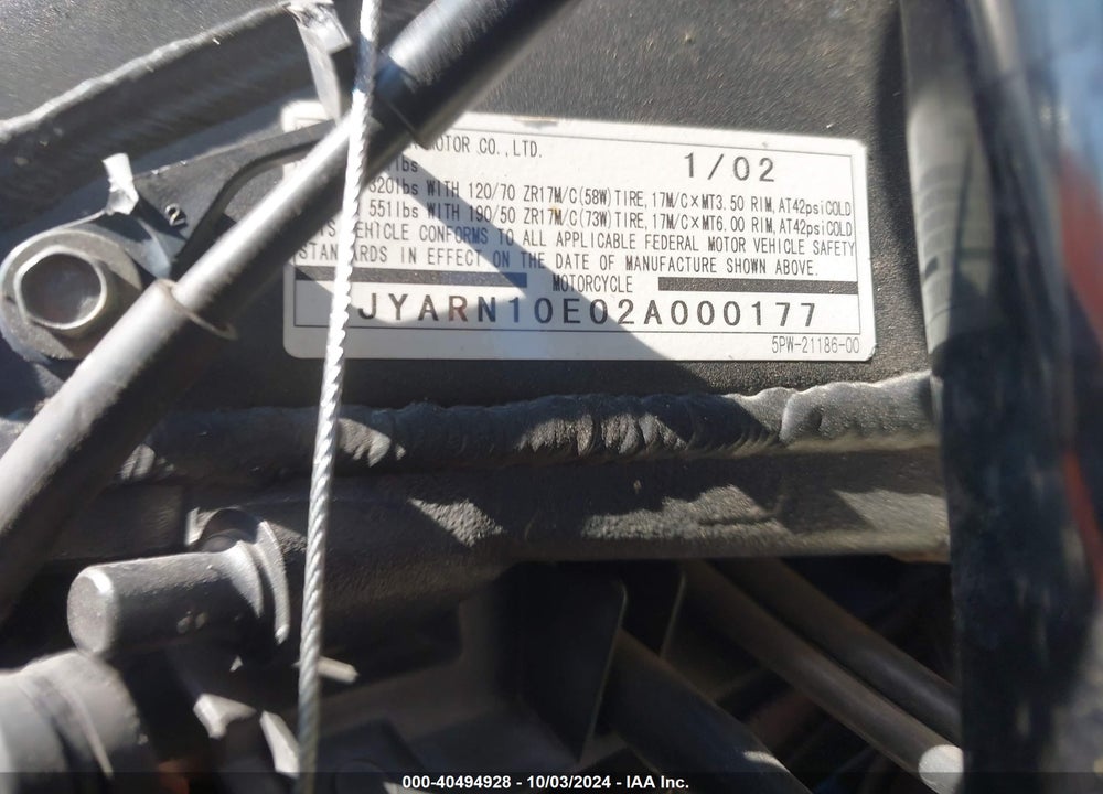 2002 YAMAHA YZFR1 VIN: JYARN10E02A000177