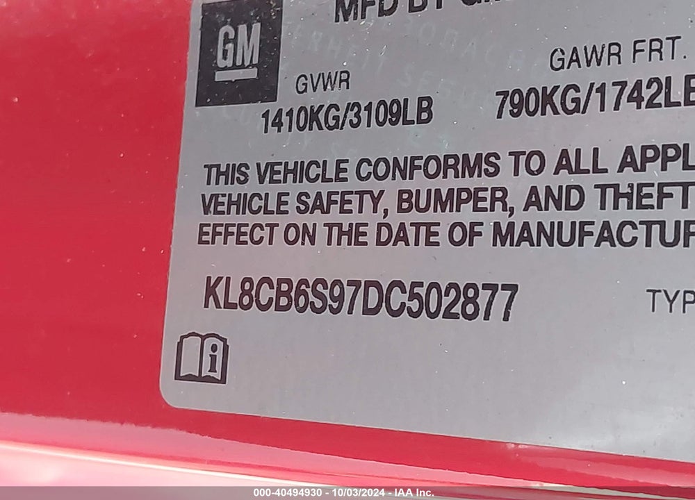 2013 CHEVROLET SPARK LS AUTO VIN: KL8CB6S97DC502877