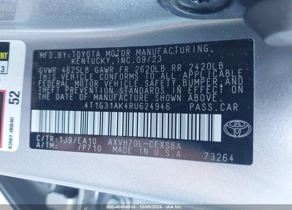 2024 TOYOTA CAMRY HYBRID SE VIN: 4T1G31AK4RU624946