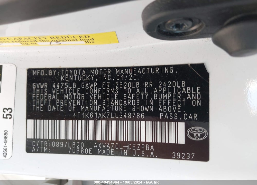 2020 TOYOTA CAMRY XSE VIN: 4T1K61AK7LU348786