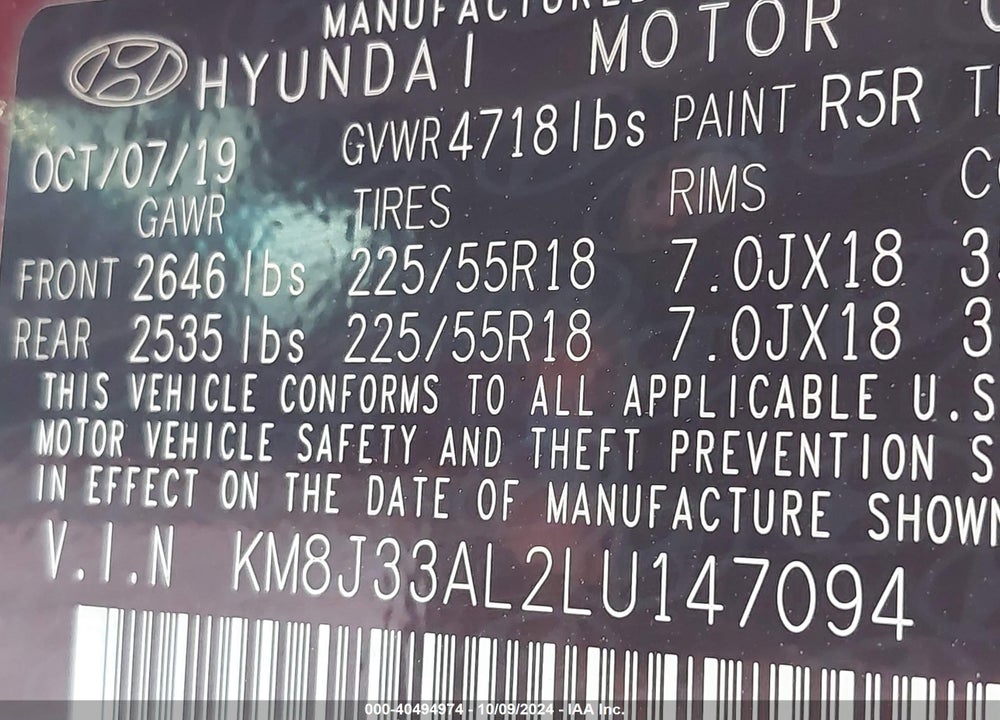 2020 HYUNDAI TUCSON VIN: KM8J33AL2LU147094