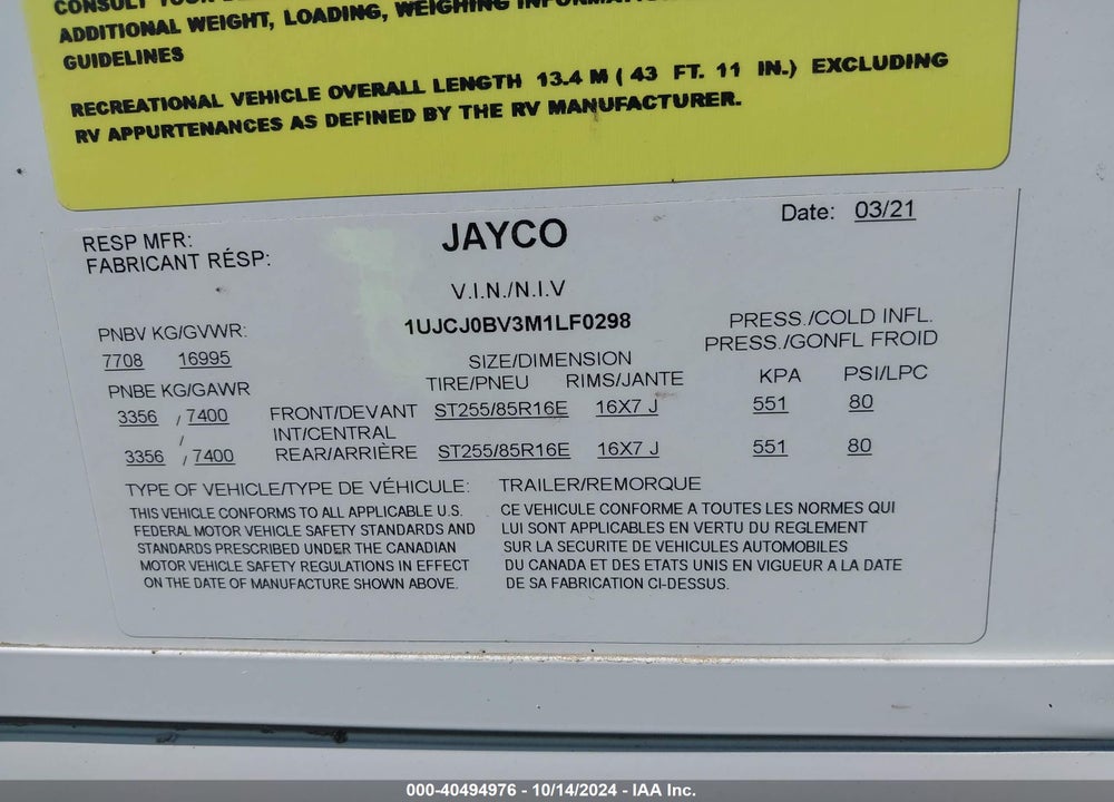 2021 OTHER JAYCO VIN: 1UJCJ0BV3M1LF0298