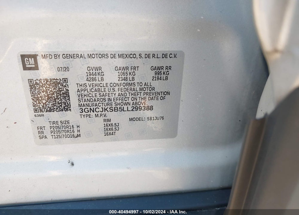 2020 CHEVROLET TRAX FWD LS VIN: 3GNCJKSB5LL299388