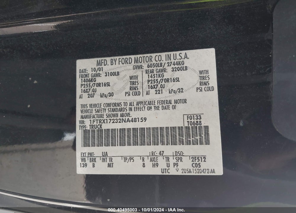 2002 FORD F-150 XL/XLT VIN: 1FTRX17232NA48159