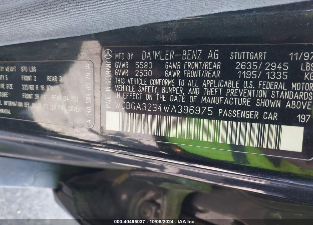 1998 MERCEDES-BENZ S 320 VIN: WDBGA32G4WA396975