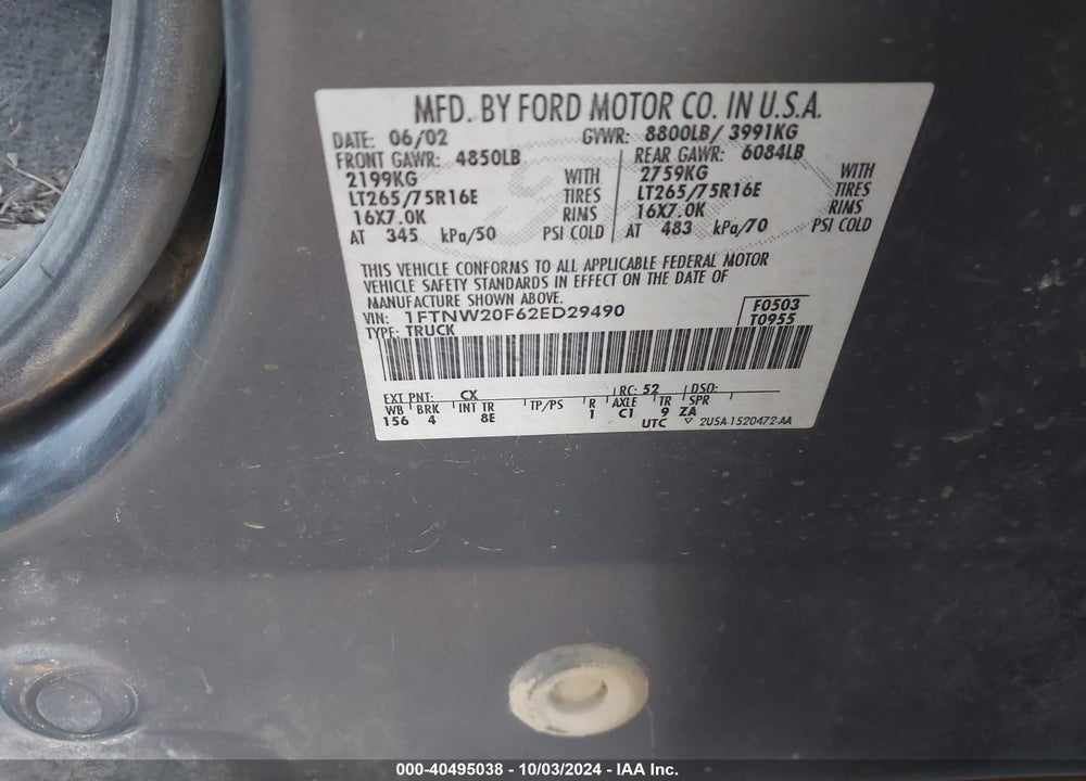 2002 FORD F-250 LARIAT/XL/XLT VIN: 1FTNW20F62ED29490