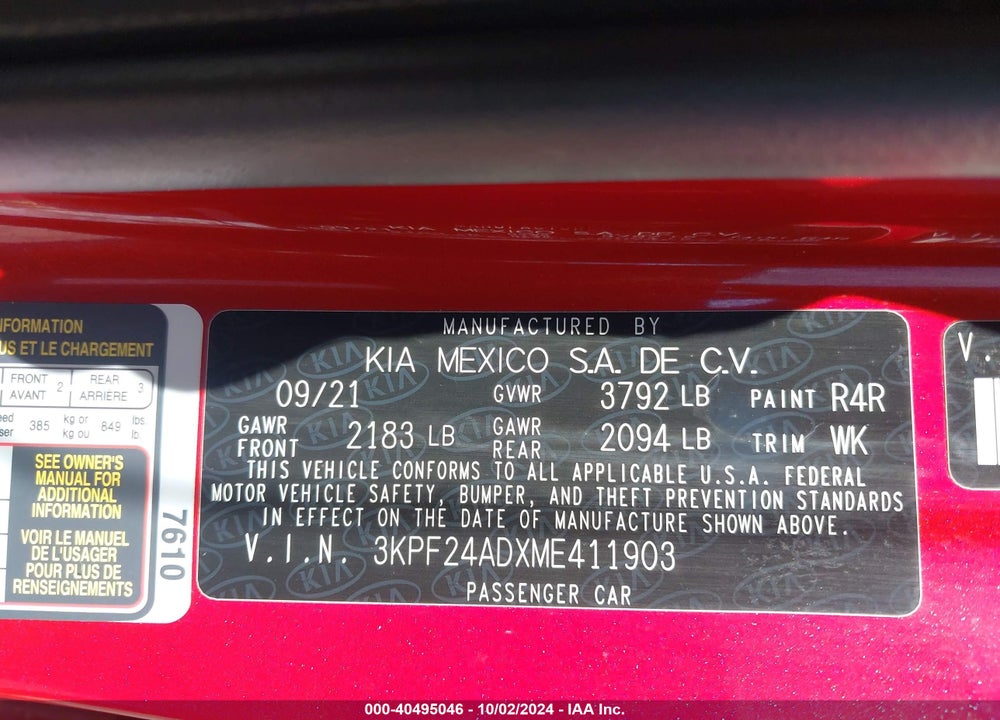 2021 KIA FORTE VIN: 3KPF24ADXME411903