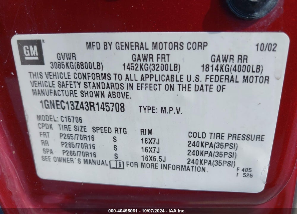 2003 CHEVROLET TAHOE LT VIN: 1GNEC13Z43R145708