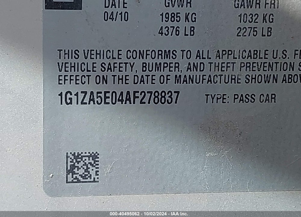 2010 CHEVROLET MALIBU LS VIN: 1G1ZA5E04AF278837