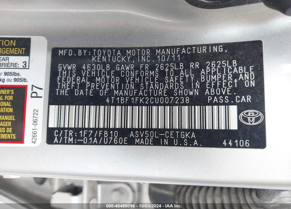 2012 TOYOTA CAMRY XLE VIN: 4T1BF1FK2CU007238