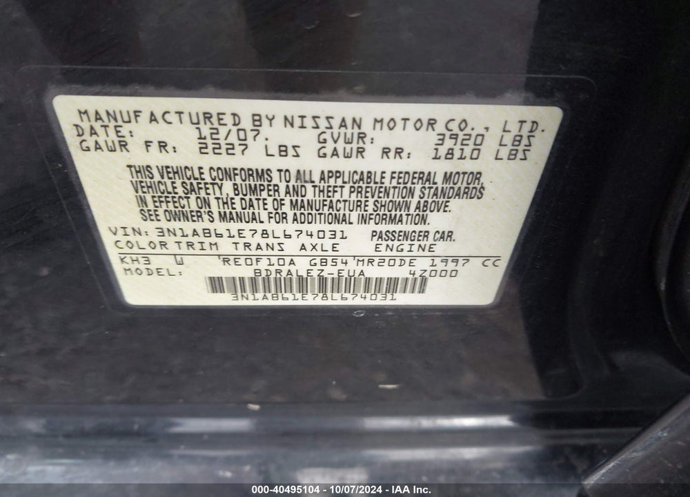 2008 NISSAN SENTRA 2.0S VIN: 3N1AB61E78L674031