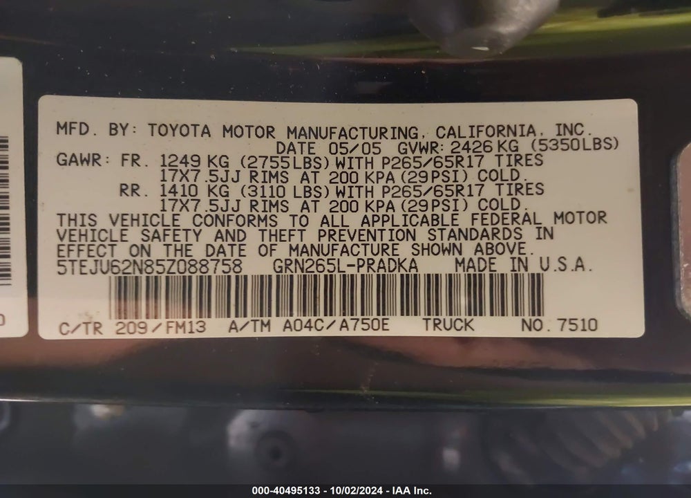 2005 TOYOTA TACOMA PRERUNNER V6 VIN: 5TEJU62N85Z088758