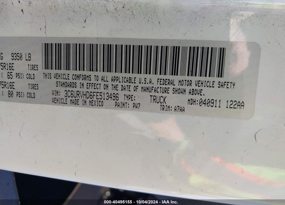 2015 RAM PROMASTER 3500 HIGH ROOF VIN: 3C6URVHD6FE513496
