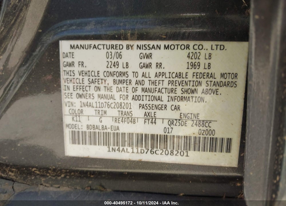 2006 NISSAN ALTIMA 2.5 S VIN: 1N4AL11D76C208201