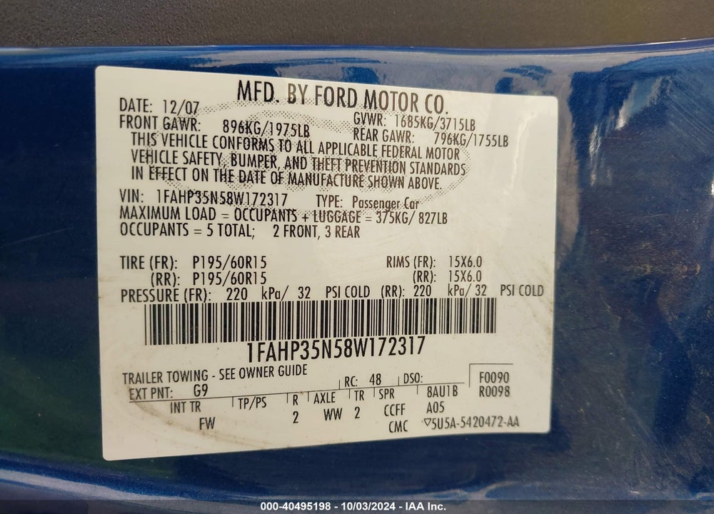 2008 FORD FOCUS SE/SES VIN: 1FAHP35N58W172317