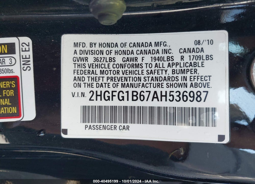 2010 HONDA CIVIC LX VIN: 2HGFG1B67AH536987