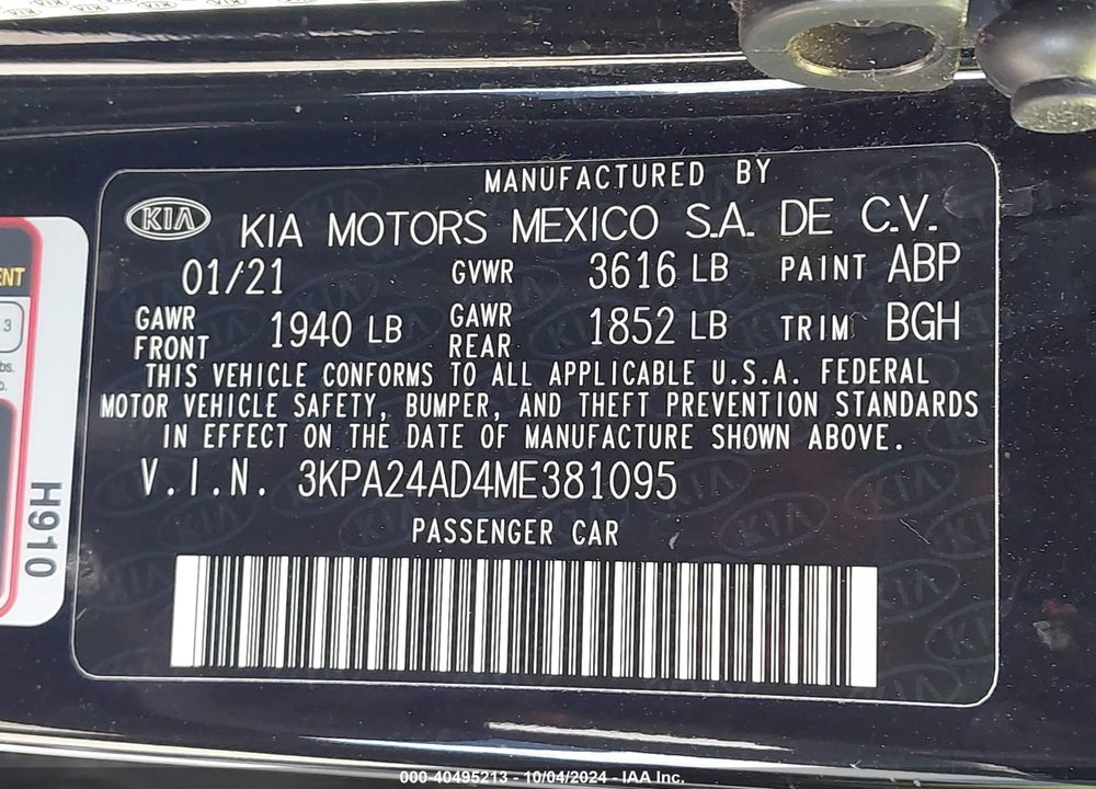 2021 KIA RIO S VIN: 3KPA24AD4ME381095