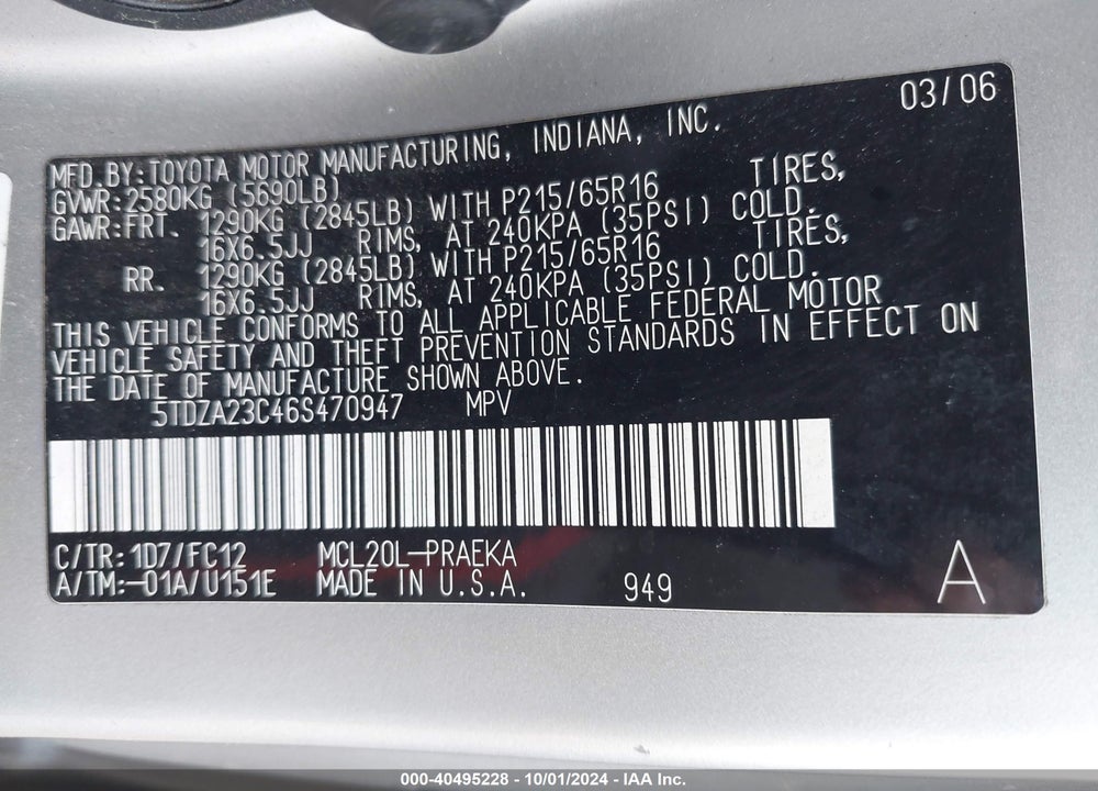 2006 TOYOTA SIENNA LE VIN: 5TDZA23C46S470947