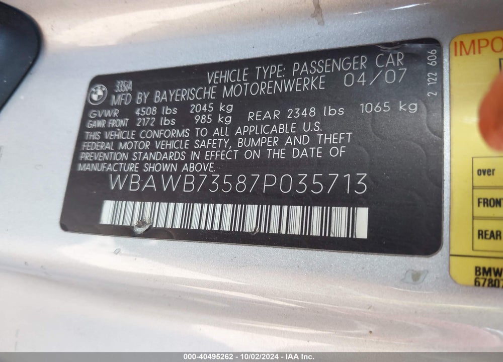 2007 BMW 335I VIN: WBAWB73587P035713