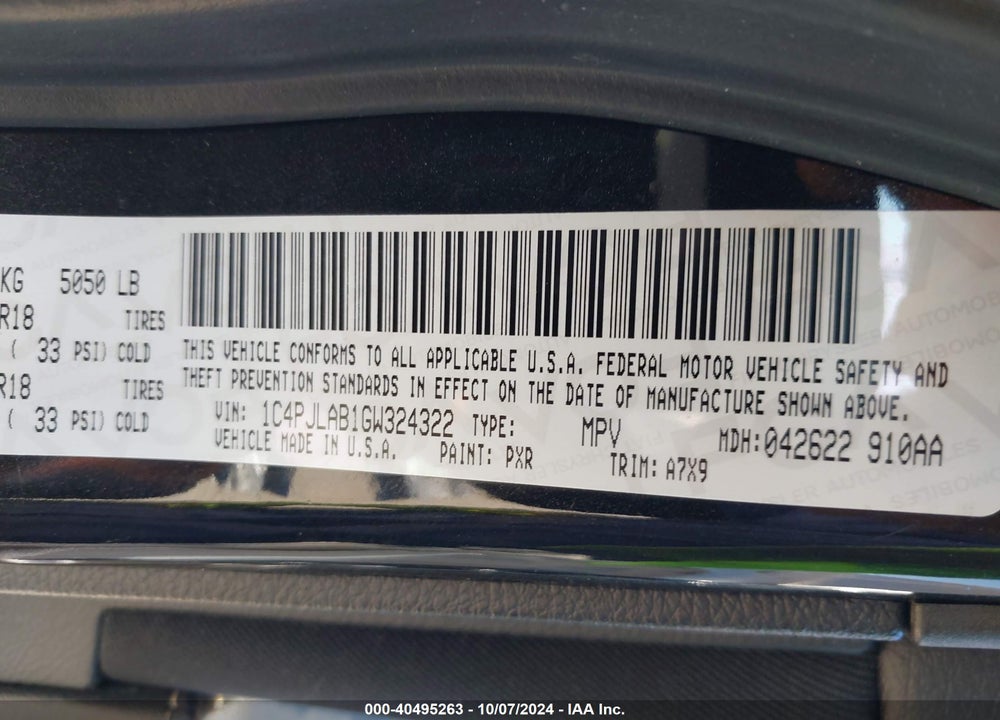 2016 JEEP CHEROKEE VIN: 1C4PJLAB1GW324322
