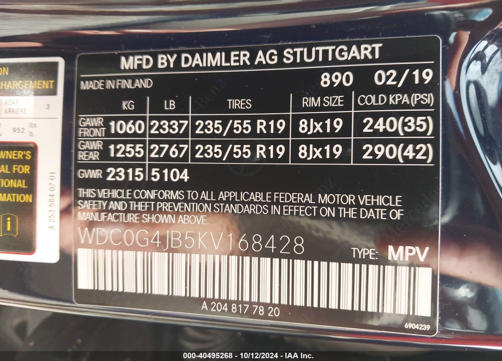2019 MERCEDES-BENZ GLC 300 VIN: WDC0G4JB5KV168428