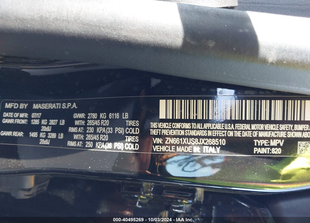 2018 MASERATI LEVANTE VIN: ZN661XUS8JX268510
