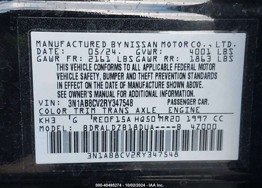 2024 NISSAN SENTRA SV XTRONIC CVT VIN: 3N1AB8CV2RY347548