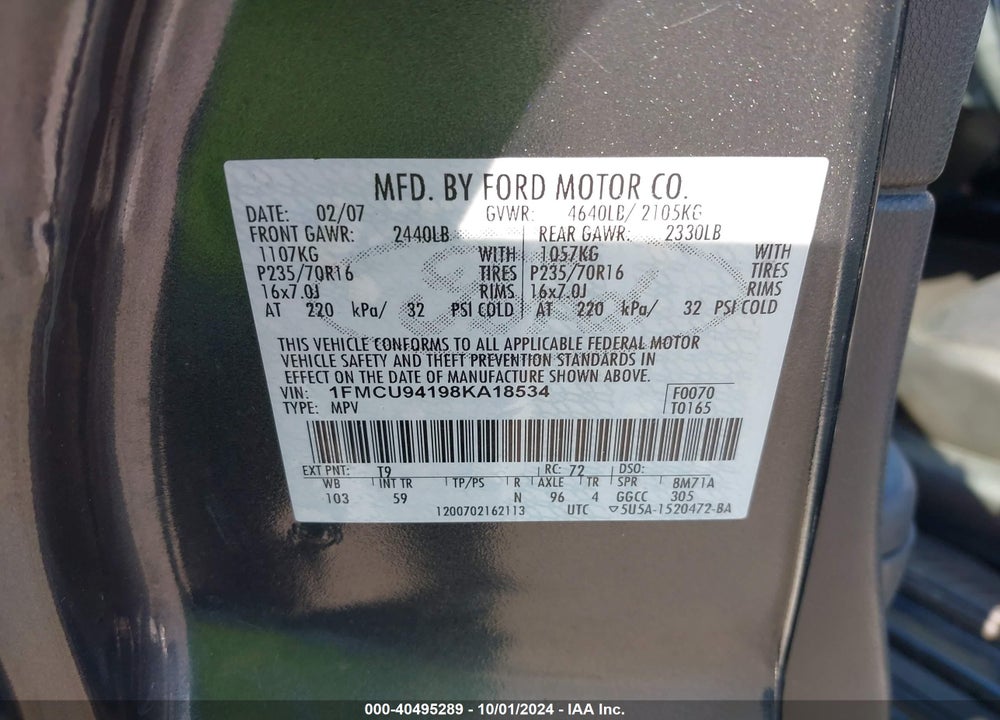 2008 FORD ESCAPE LIMITED VIN: 1FMCU94198KA18534
