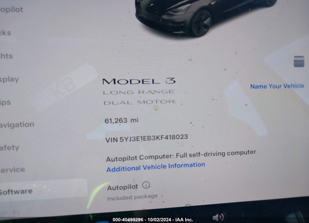 2019 TESLA MODEL 3 LONG RANGE/PERFORMANCE VIN: 5YJ3E1EB3KF418023