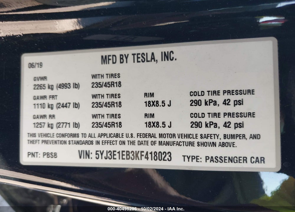 2019 TESLA MODEL 3 LONG RANGE/PERFORMANCE VIN: 5YJ3E1EB3KF418023