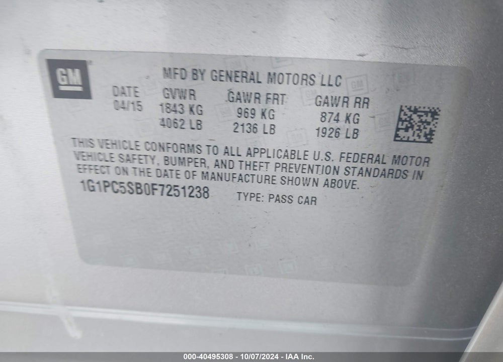 2015 CHEVROLET CRUZE 1LT AUTO VIN: 1G1PC5SB0F7251238