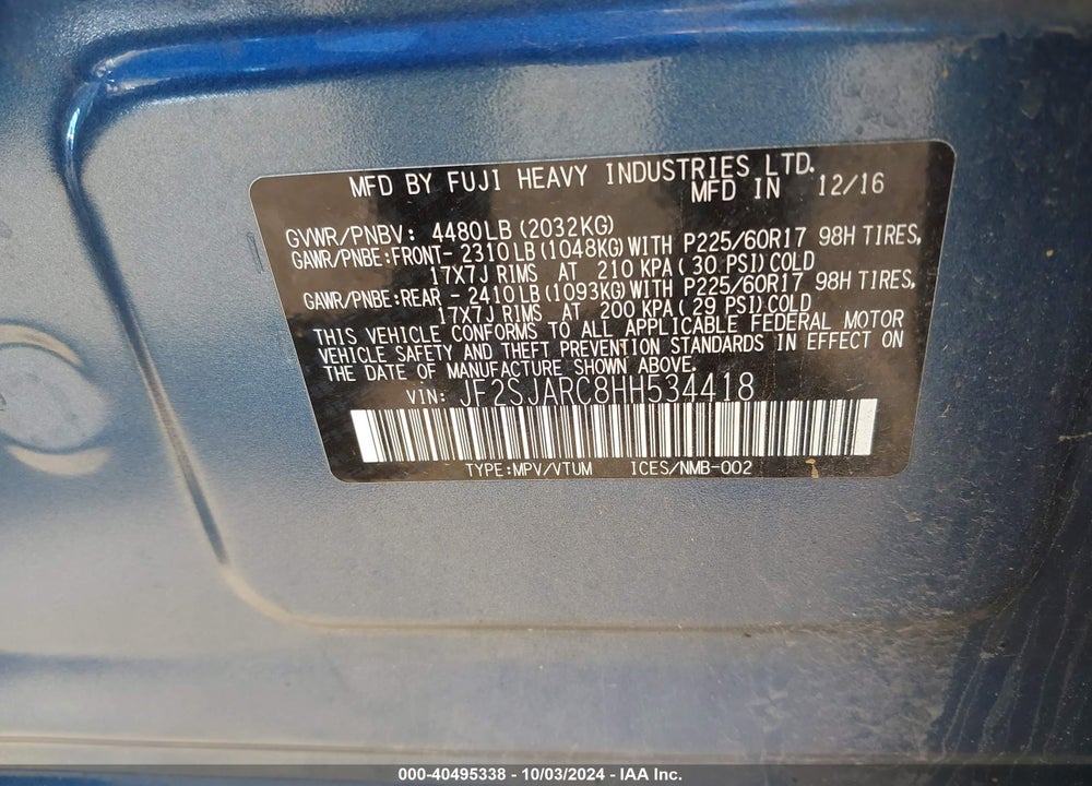 2017 SUBARU FORESTER 2.5I LIMITED VIN: JF2SJARC8HH534418