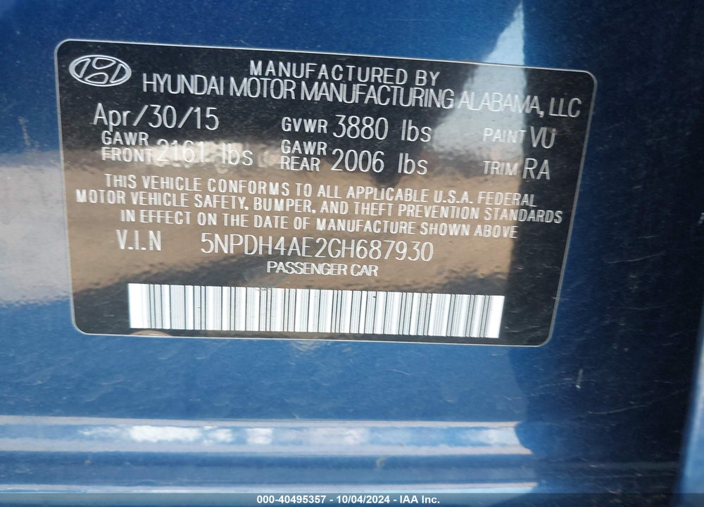 2016 HYUNDAI ELANTRA SE VIN: 5NPDH4AE2GH687930
