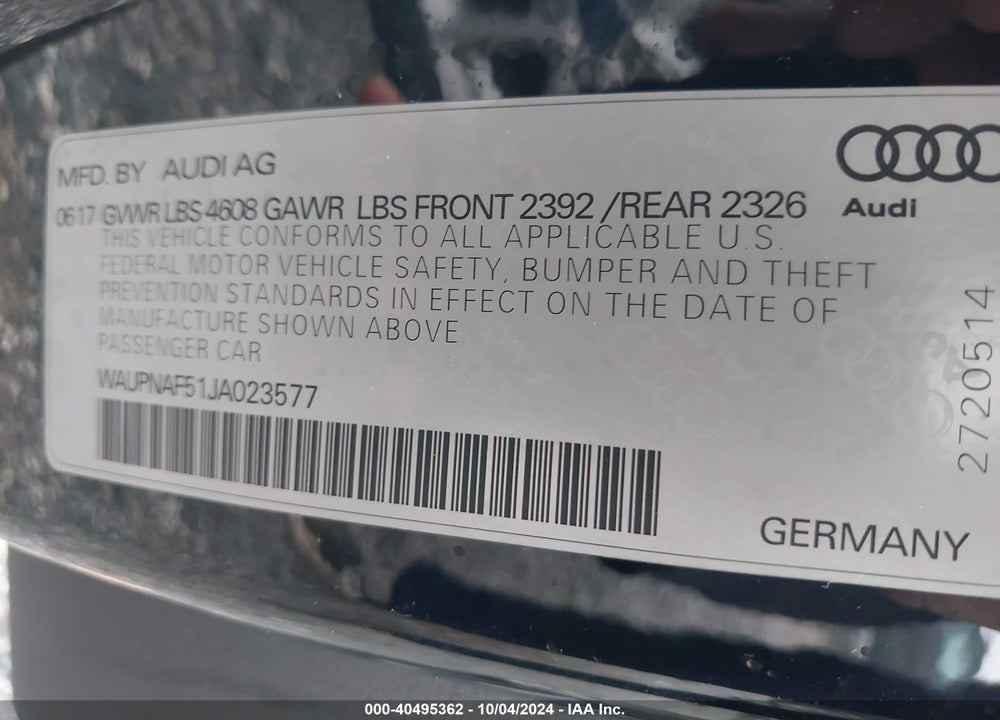 2018 AUDI A5 2.0T PREMIUM VIN: WAUPNAF51JA023577