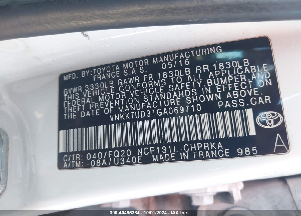 2016 TOYOTA YARIS L VIN: VNKKTUD31GA069710