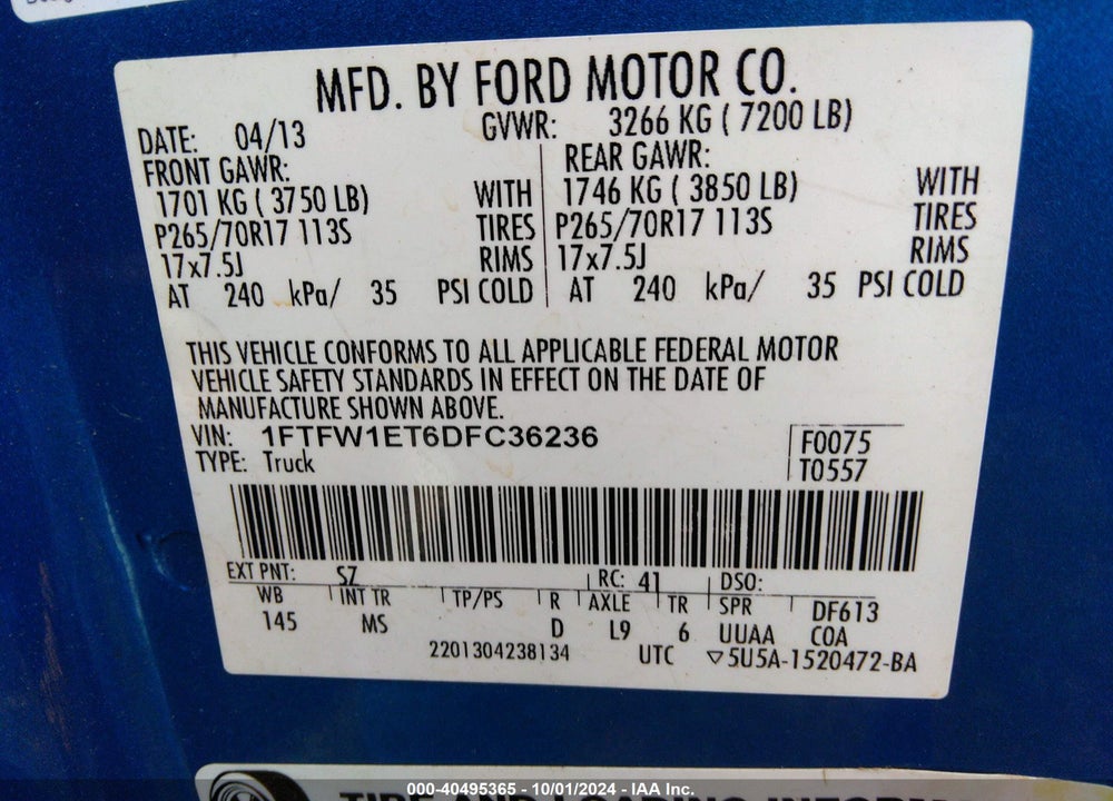 2013 FORD F-150 XLT VIN: 1FTFW1ET6DFC36236