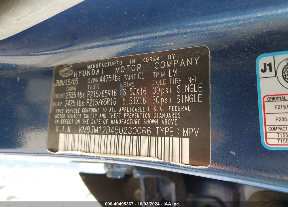 2005 HYUNDAI TUCSON GL VIN: KM8JM12B45U230066