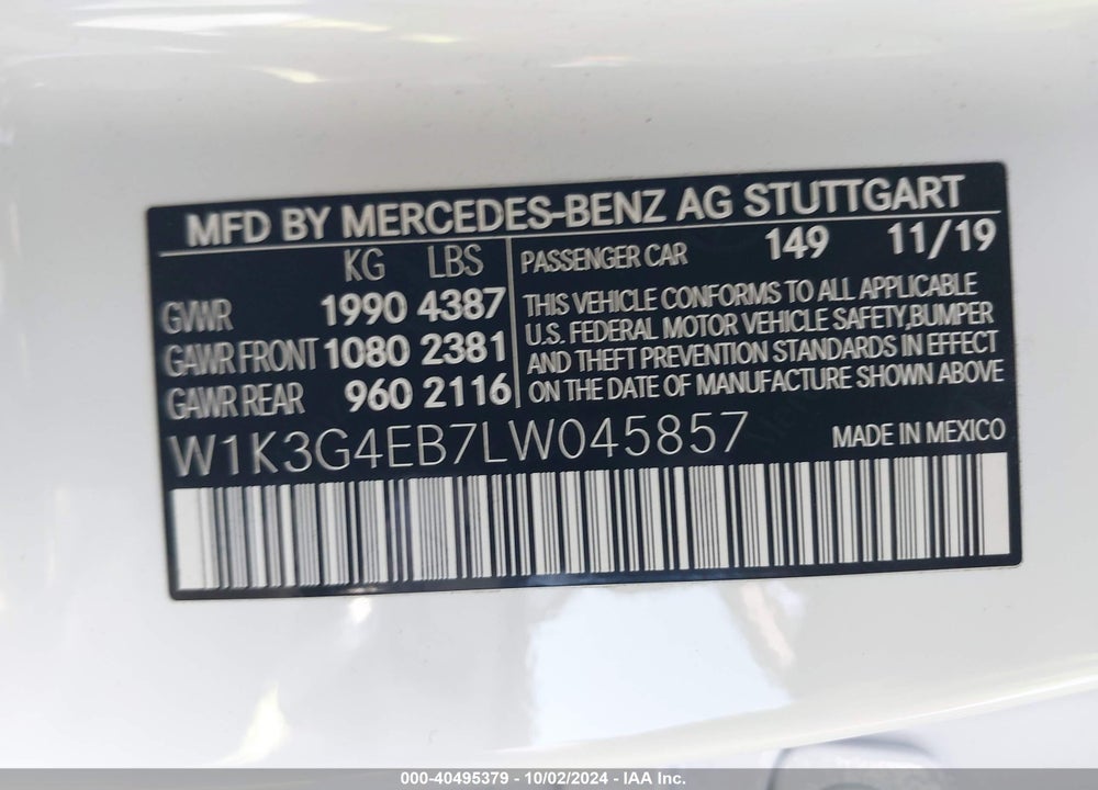 2020 MERCEDES-BENZ A 220 VIN: W1K3G4EB7LW045857