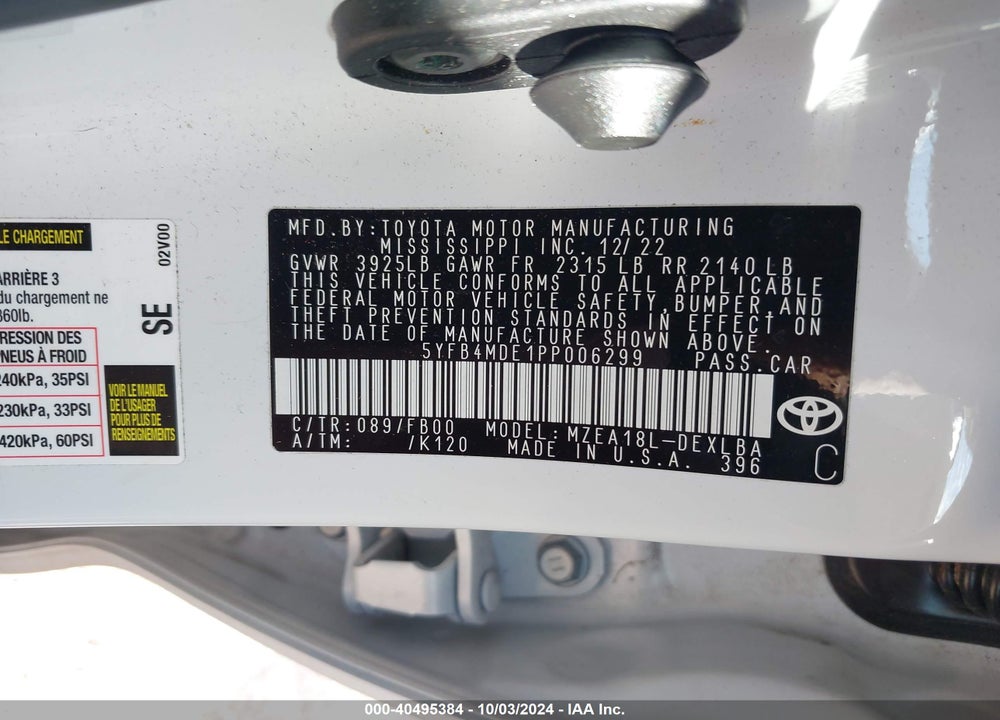 2023 TOYOTA COROLLA LE VIN: 5YFB4MDE1PP006299