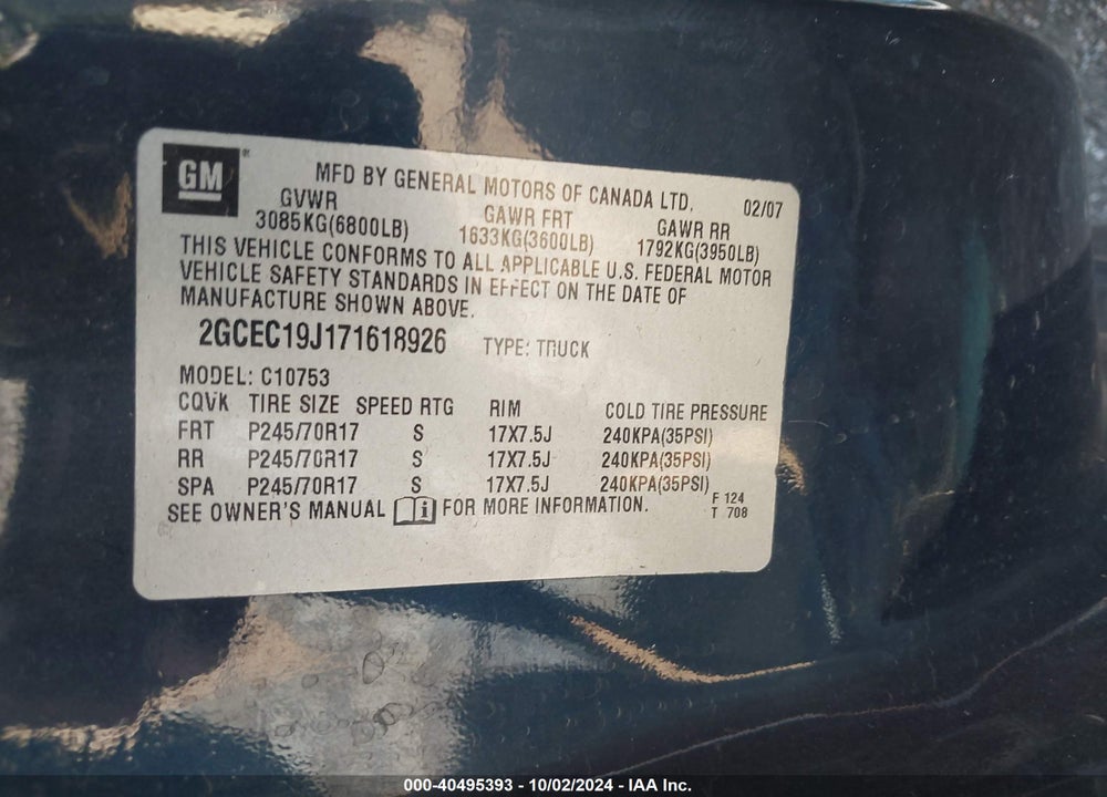 2007 CHEVROLET SILVERADO 1500 VIN: 2GCEC19J171618926