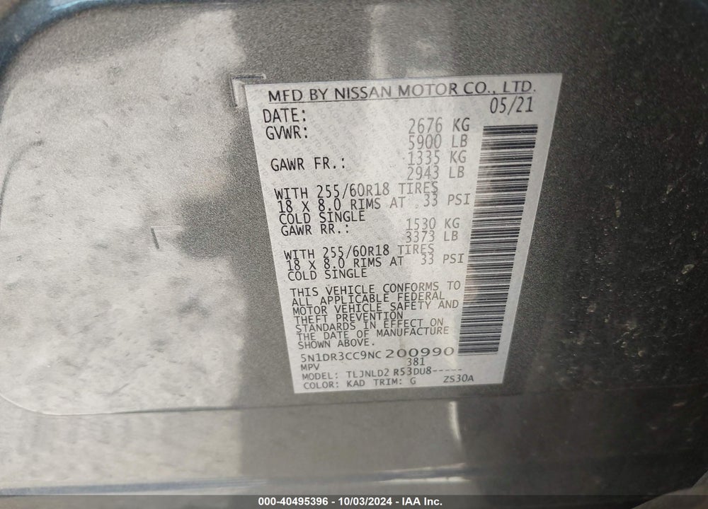 2022 NISSAN PATHFINDER SL 4WD VIN: 5N1DR3CC9NC200990