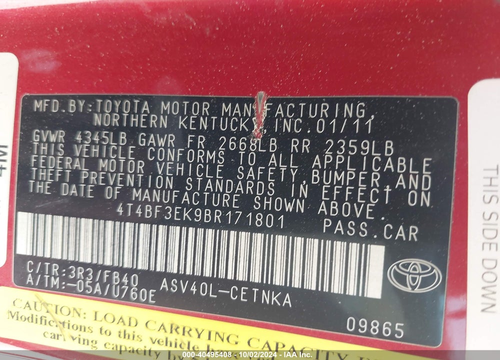 2011 TOYOTA CAMRY LE VIN: 4T4BF3EK9BR171801